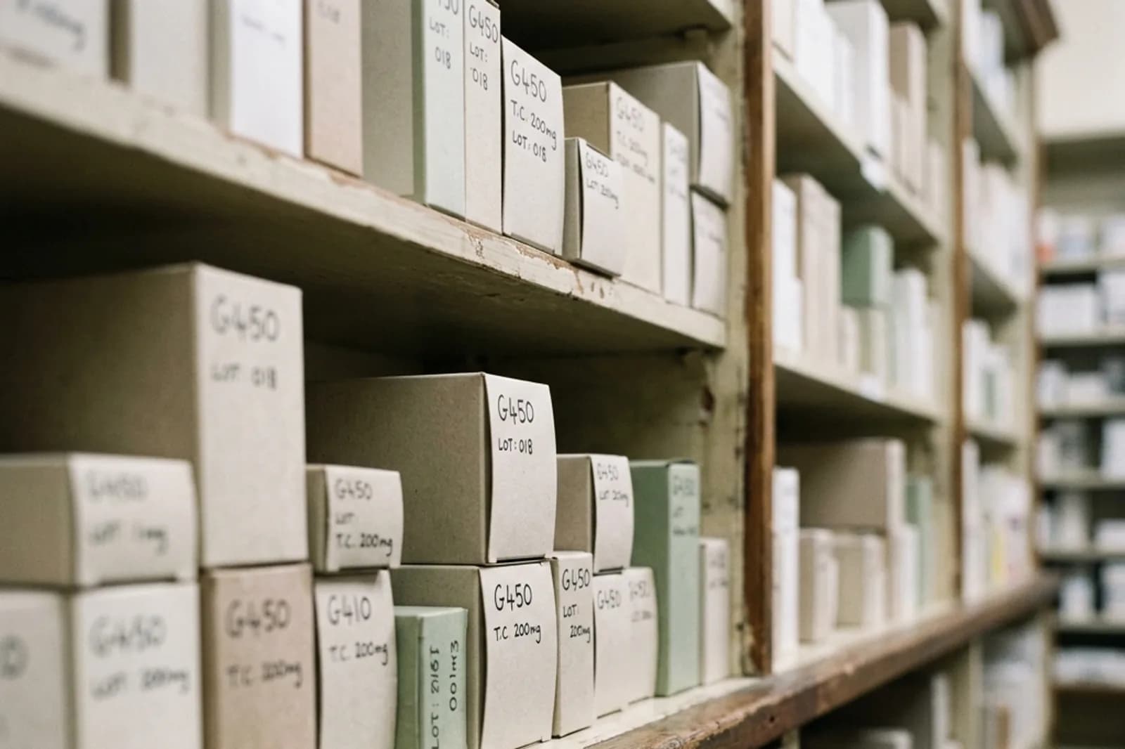 A detail of pharmacy shelves holding glass bottles and simple boxes.